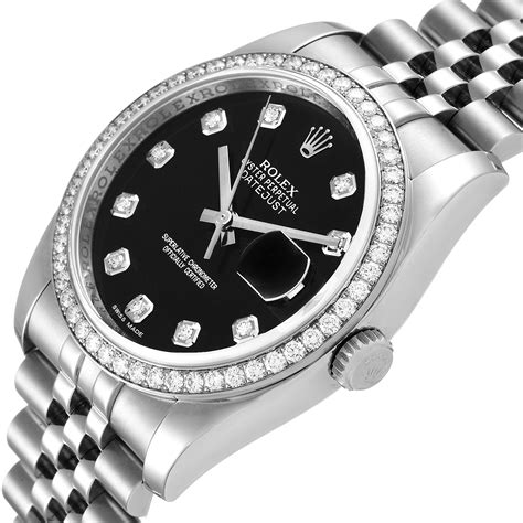 rolex datejust black dial diamond bezel stainless steel bracelet|Rolex Datejust 36 with diamonds.